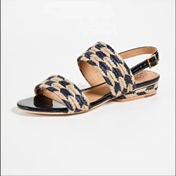 Tory Burch Lola Woven Flat Sandals Blue Patent Leather Boho Heeled Resort 7 - Picture 2 of 7